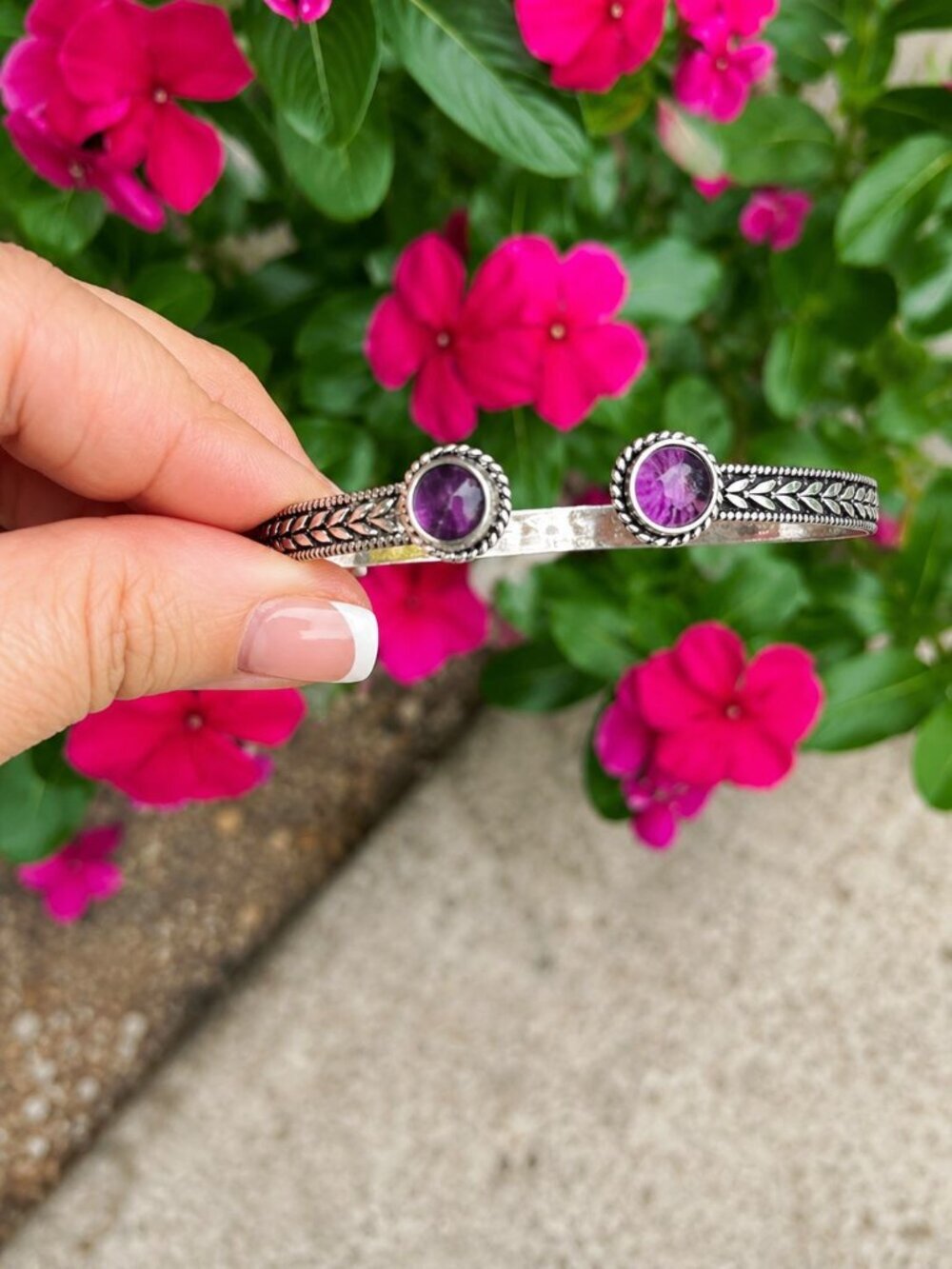 925 Silver Plated Genuine Amethyst Cuff Bracelet Boho Adjustable NEW